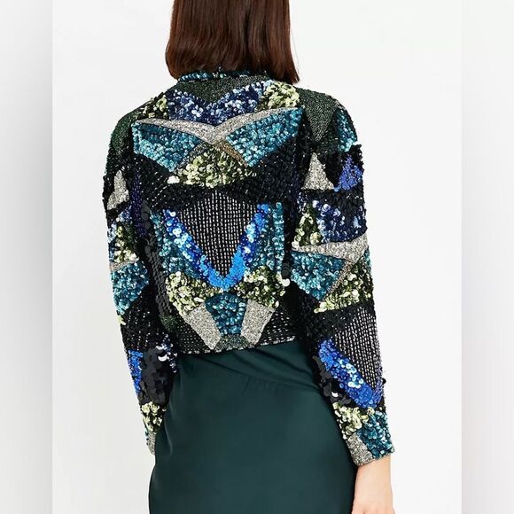80s Vintage Beaded and Sequin Blue Black Green Sequin and Beaded Cropped Jacket - Picture 1 of 10